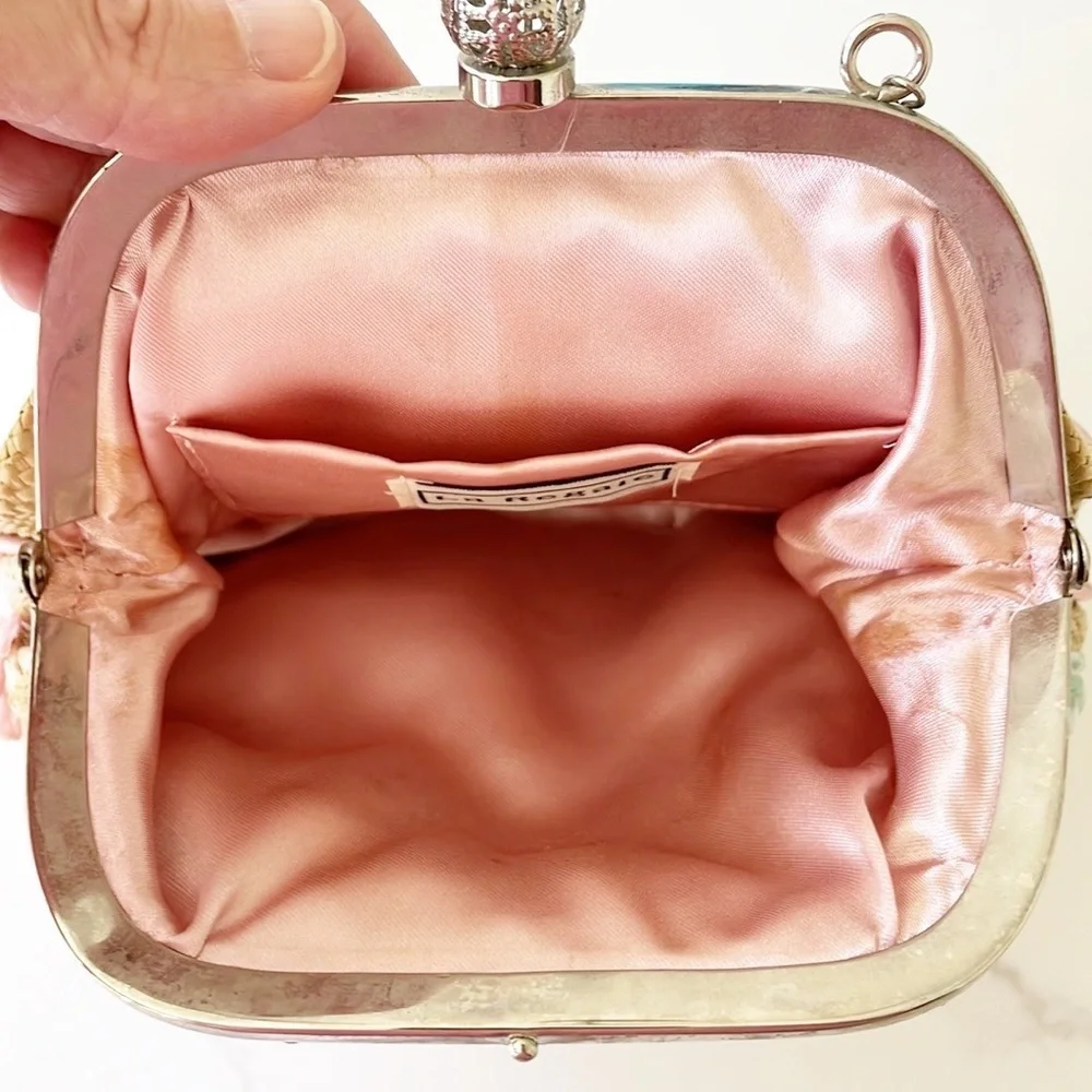 LA REGALE vintage woven purse brown pink green silver chain - Picture 7 of 7